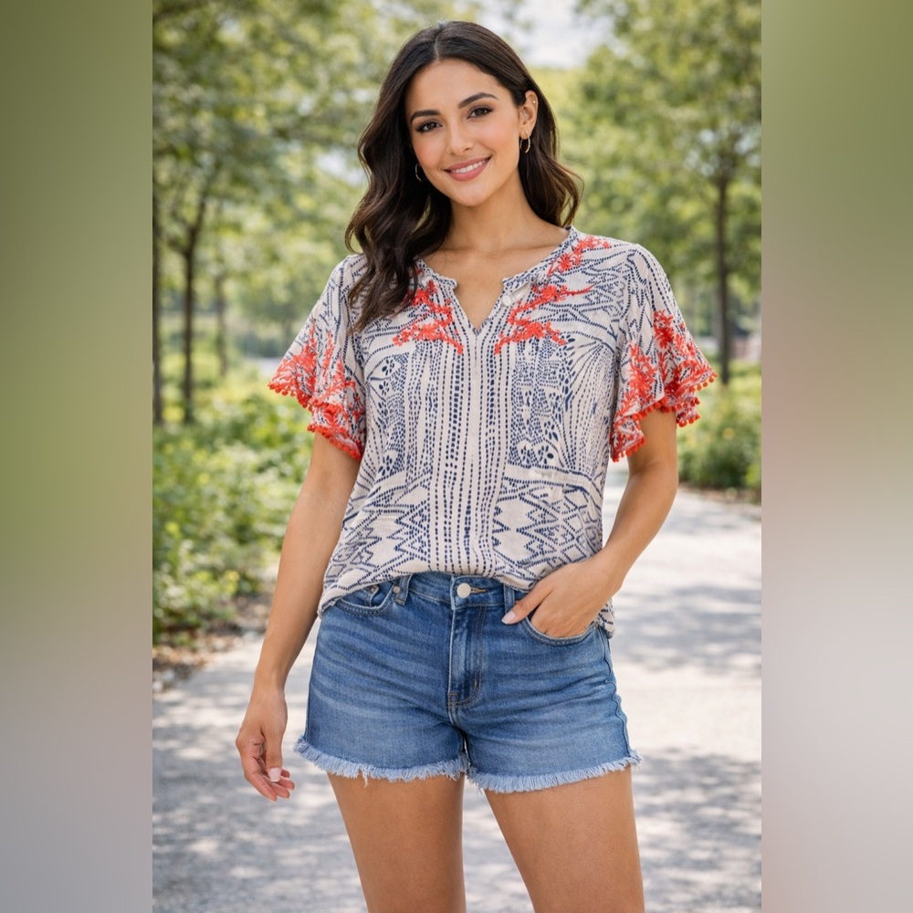 THML Neutral & Coral Printed Flutter Sleeve Blouse
